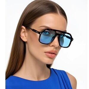 Oversized Aviator Sunglasses Tortoiseshell Frame Light Blue Tint Lens Retro 70s